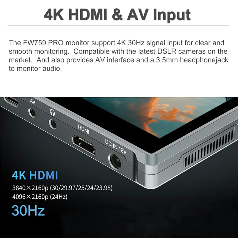 FEELWORLD FW759 PRO 7 caliński monitor kamerowy z ekranem dotykowym, wejście HD/AV, wyświetlacz IPS do fotografii i wideografii