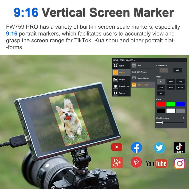 FEELWORLD FW759 PRO 7 caliński monitor kamerowy z ekranem dotykowym, wejście HD/AV, wyświetlacz IPS do fotografii i wideografii