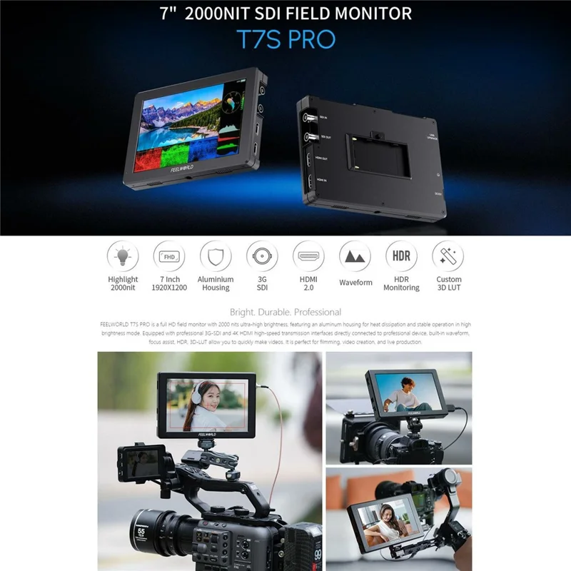 FEELWORLD T7S PRO 7 tum kameramonitor med extra ljusstark skärm för fotografering