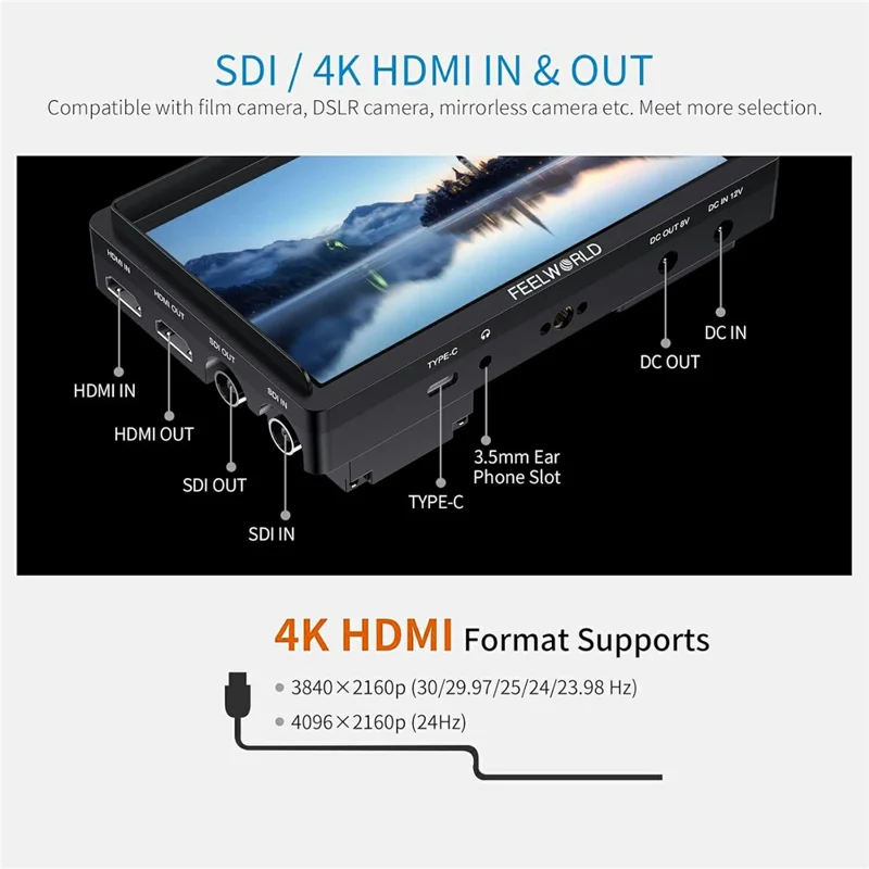 FEELWORLD FW568S 6 caliowy monitor kamerowy 3G-SDI 4K HD wejście/wyjście ekran IPS do fotografii/wideografii 