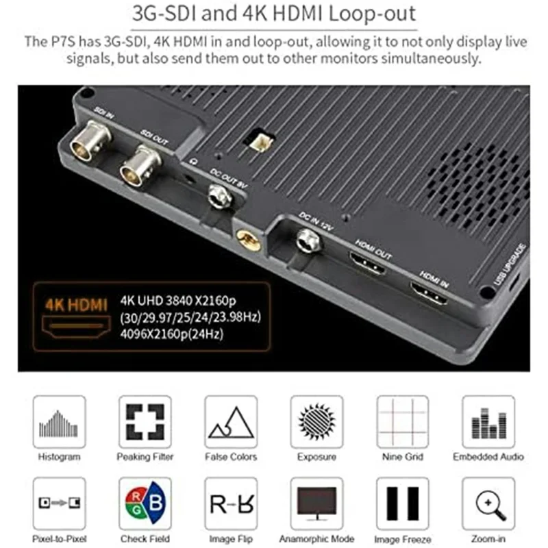 FEELWORLD P7S Monitor de cámara de 7 pulgadas 4K HD SDI Pantalla de alta luminosidad para Realización de películas / Producción de vídeo