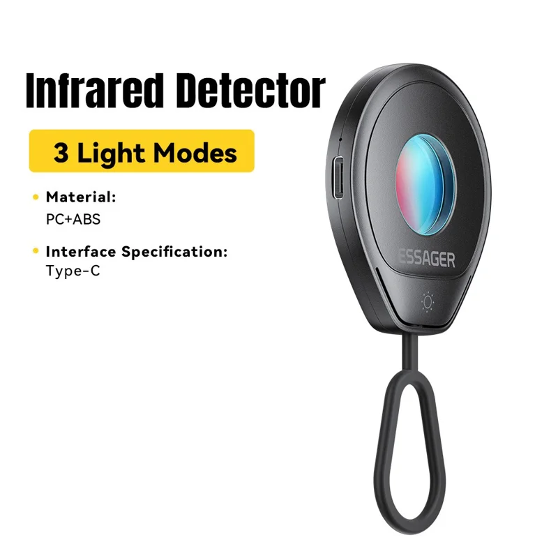 ESSAGER Detektor podczerwieni, urządzenie anty-szpiegowskie, wykrywacz kamer, ładowane przez port typu C, mini przenośny sprzęt bezpieczeństwa - Czarny
