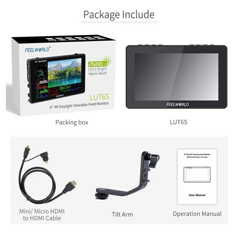FEELWORLD LUT6S Monitor de campo de cámara de 6 pulgadas 2600 nits con pantalla táctil 3G-SDI HDR 3D LUT 4K HD 1920x1080 IPS