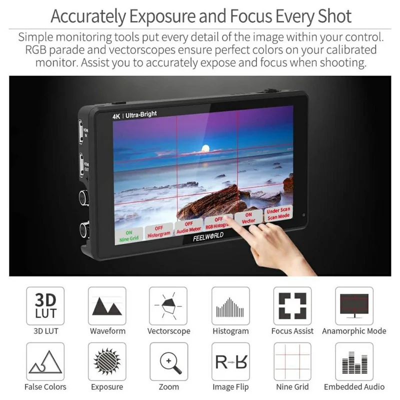 FEELWORLD LUT6S Monitor de campo de cámara de 6 pulgadas 2600 nits con pantalla táctil 3G-SDI HDR 3D LUT 4K HD 1920x1080 IPS