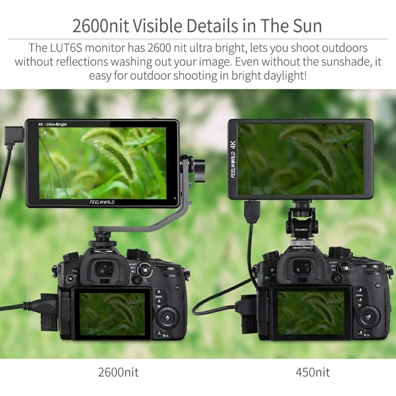 FEELWORLD LUT6S Monitor de campo de cámara de 6 pulgadas 2600 nits con pantalla táctil 3G-SDI HDR 3D LUT 4K HD 1920x1080 IPS