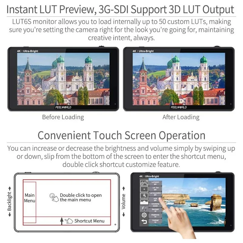 FEELWORLD LUT6S Monitor de campo de cámara de 6 pulgadas 2600 nits con pantalla táctil 3G-SDI HDR 3D LUT 4K HD 1920x1080 IPS