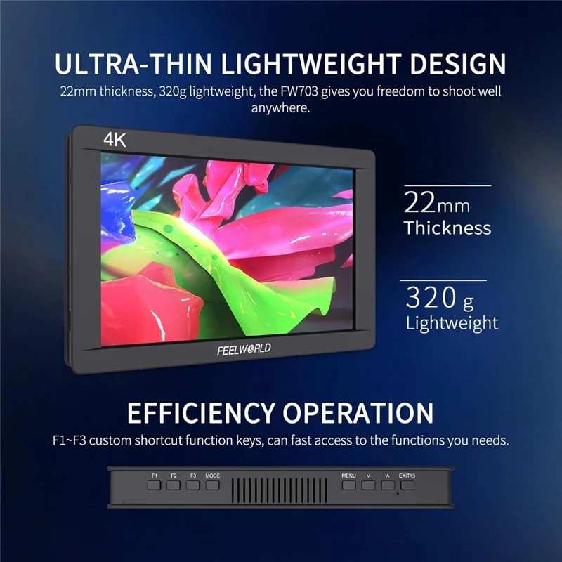 FEELWORLD FW703 Monitor de 7 pulgadas IPS 3G-SDI 4K Pantalla Completa HD DSLR para Cámara de Campo
