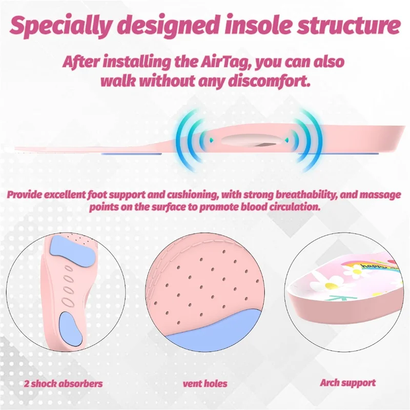 For Apple AirTag Tracker Holder Cartoon Pattern Shock Absorbing PU Insoles, with Front and Back Protective Film - Pink  /  135-150mm