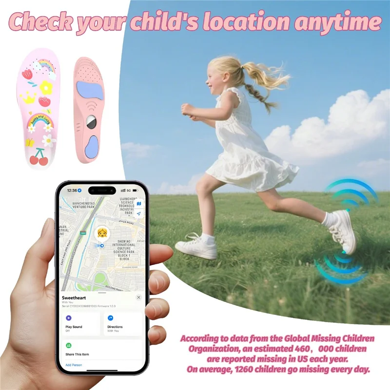 For Apple AirTag Tracker Holder Cartoon Pattern Shock Absorbing PU Insoles, with Front and Back Protective Film - Pink  /  135-150mm