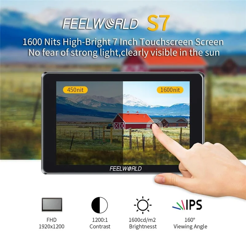 FEELWORLD S7 12G-SDI HD 2.0 Monitor de campo de cámara de 7 pulgadas 4K HD HDR / Pantalla táctil de panel IPS de 3D LUT 16:10 con forma de onda