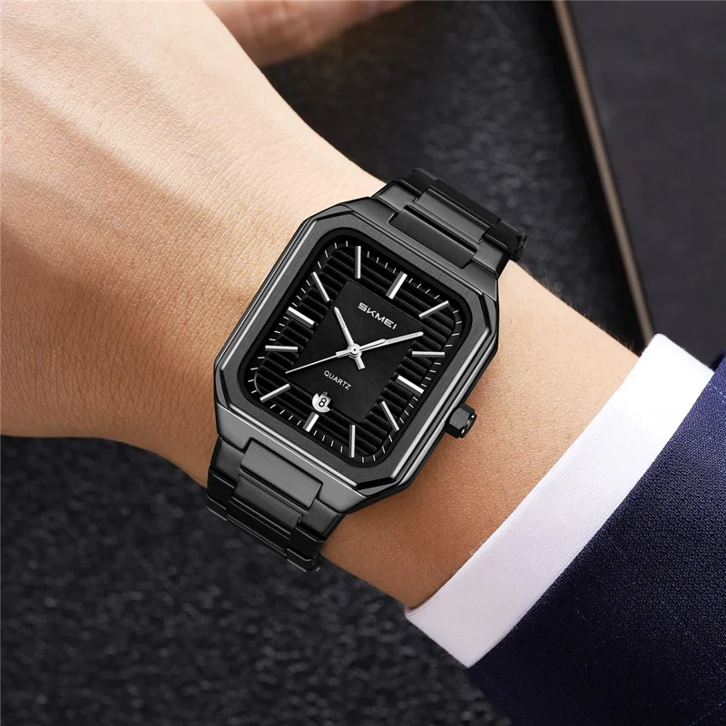 SKMEI 9373 Montre à Quartz avec Bracelet en Acier Inoxydable et Fonction Calendrier pour Hommes d'Affaires avec Affichage Analogique - Noir+Noir