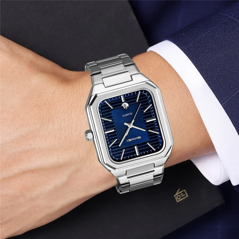 SKMEI 9373 Montre à Quartz avec Bracelet en Acier Inoxydable et Fonction Calendrier pour Hommes d'Affaires avec Affichage Analogique - Noir+Noir