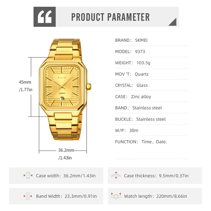 SKMEI 9373 Montre à Quartz avec Bracelet en Acier Inoxydable et Fonction Calendrier pour Hommes d'Affaires avec Affichage Analogique - Noir+Noir