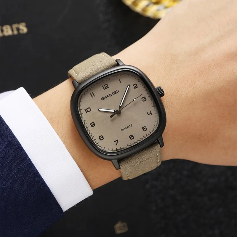 SKMEI 2586 Orologio da Polso Retrò Visualizzazione Analogica Orologio al Quarzo con Cinturino in Vera Pelle di Mucca - Cassa Nera + Cinturino Nero