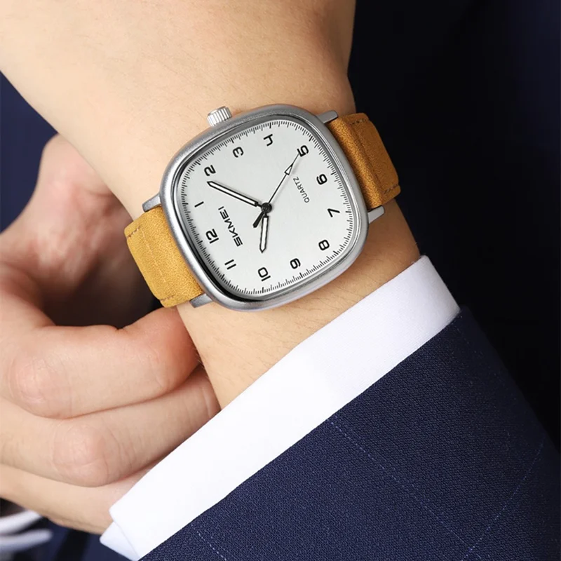 SKMEI 2586 Orologio da Polso Retrò Visualizzazione Analogica Orologio al Quarzo con Cinturino in Vera Pelle di Mucca - Cassa Nera + Cinturino Nero