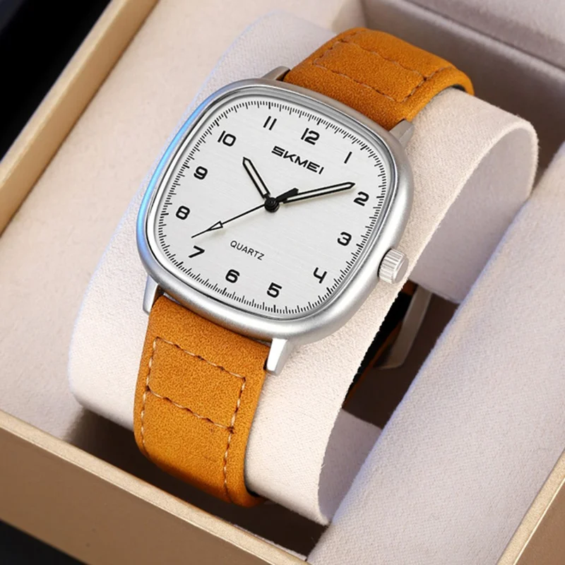 SKMEI 2586 Orologio da Polso Retrò Visualizzazione Analogica Orologio al Quarzo con Cinturino in Vera Pelle di Mucca - Cassa Nera + Cinturino Nero