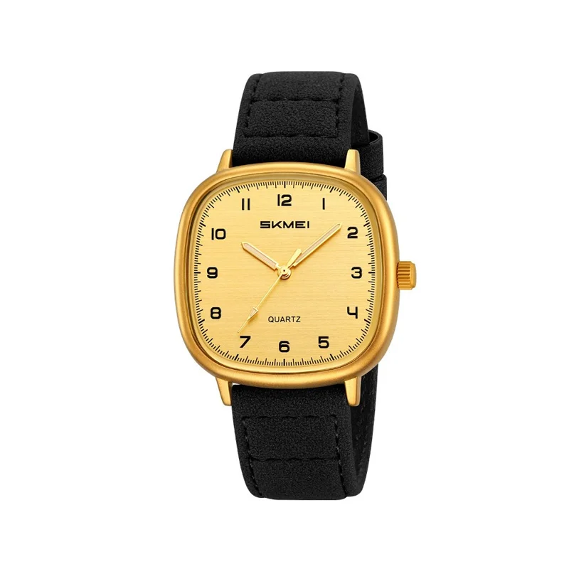 SKMEI 2586 Retro Wristwatch Analog Display Quartz Watch with Genuine Cow Leather Strap - Gold Case+Black Strap
