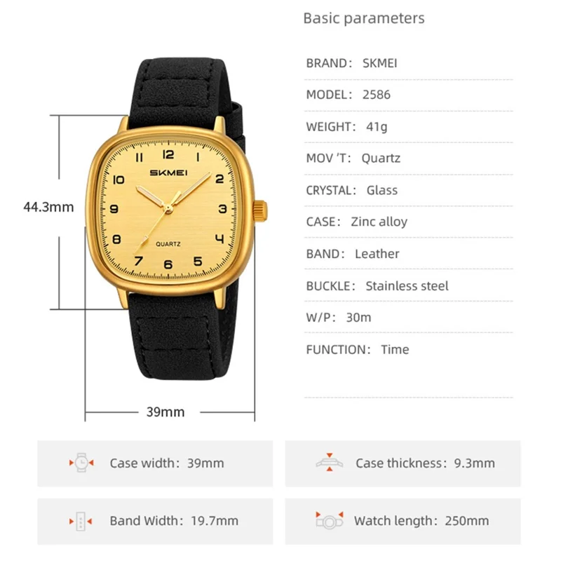 SKMEI 2586 Retro Wristwatch Analog Display Quartz Watch with Genuine Cow Leather Strap - Gold Case+Black Strap