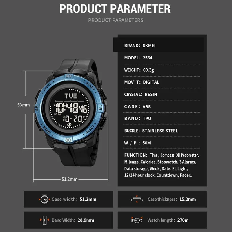 SKMEI 2564 Montre Pédomètre de Plein Air avec Boussole Montre Électronique Multifonctionnelle - Vert Armée