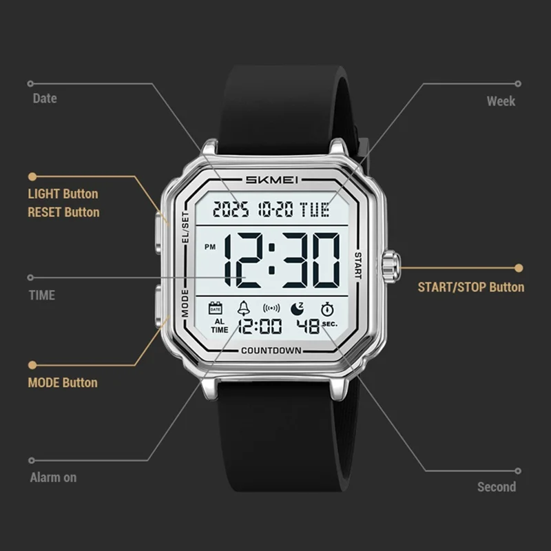 SKMEI 2559 Date Display Electronic Watch with EL Backlight Stainless Steel Strap Digital Wristwatch - Black Case