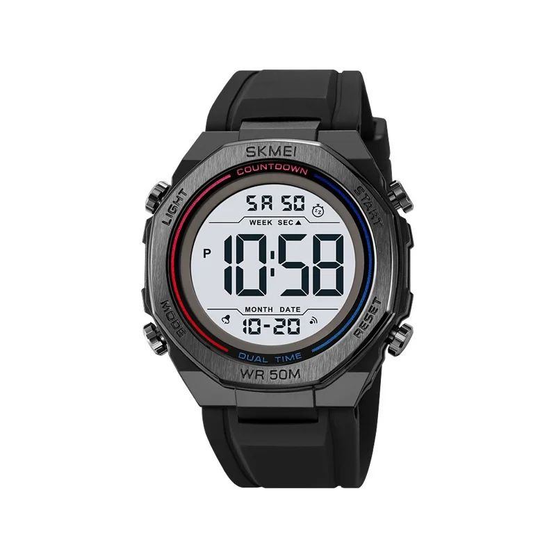 SKMEI 2513 Herren Multifunktions-Digitaluhr Wecker Stoppuhr Elektronische Armbanduhr mit EL-Hintergrundbeleuchtung - Schwarz + Weißes Zifferblatt