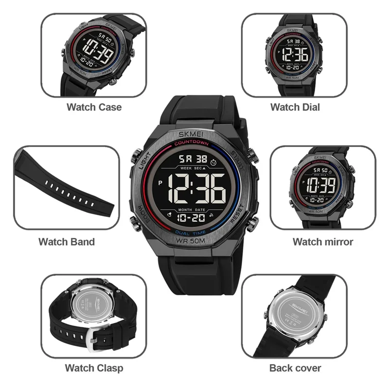 SKMEI 2513 Herren Multifunktions-Digitaluhr Wecker Stoppuhr Elektronische Armbanduhr mit EL-Hintergrundbeleuchtung - Schwarz + Weißes Zifferblatt