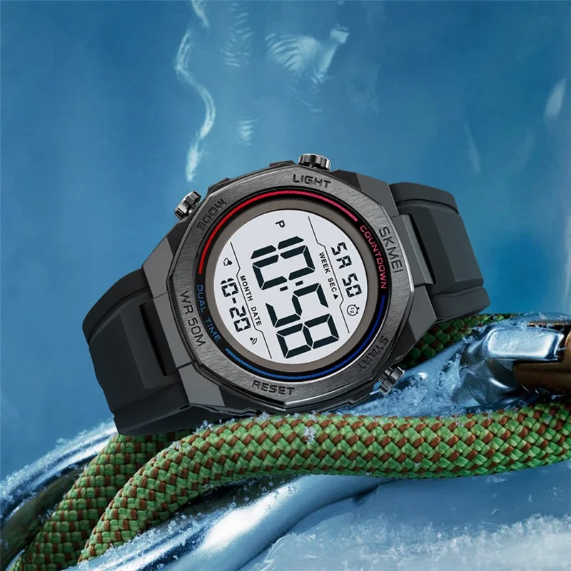SKMEI 2513 Herren Multifunktions-Digitaluhr Wecker Stoppuhr Elektronische Armbanduhr mit EL-Hintergrundbeleuchtung - Schwarz + Weißes Zifferblatt