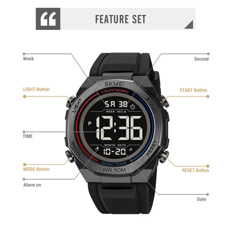 SKMEI 2513 Herren Multifunktions-Digitaluhr Wecker Stoppuhr Elektronische Armbanduhr mit EL-Hintergrundbeleuchtung - Schwarz + Weißes Zifferblatt
