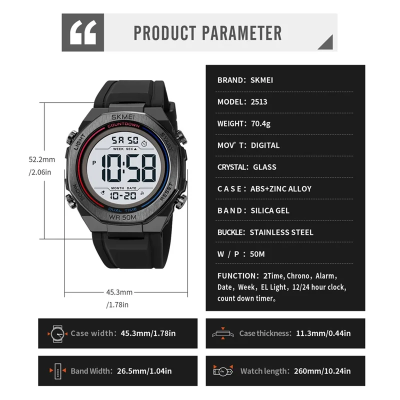 SKMEI 2513 Herren Multifunktions-Digitaluhr Wecker Stoppuhr Elektronische Armbanduhr mit EL-Hintergrundbeleuchtung - Schwarz + Weißes Zifferblatt
