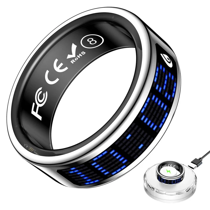 SR16 Digital Display Smart Ring Sleep Tracking Blood Oxygen Heart Rate Monitor Prayer Counter with Charging Case - Silver / Size 8