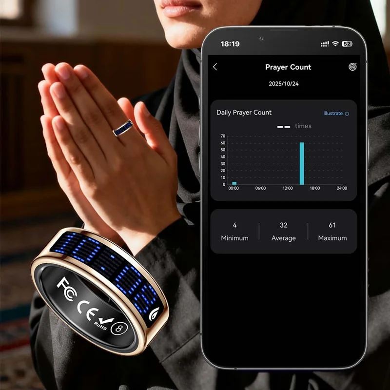 SR16 Digital Display Smart Ring Sleep Tracking Blood Oxygen Heart Rate Monitor Prayer Counter with Charging Case - Silver / Size 8