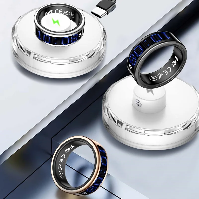 SR16 Digital Display Smart Ring Sleep Tracking Blood Oxygen Heart Rate Monitor Prayer Counter with Charging Case - Silver / Size 8