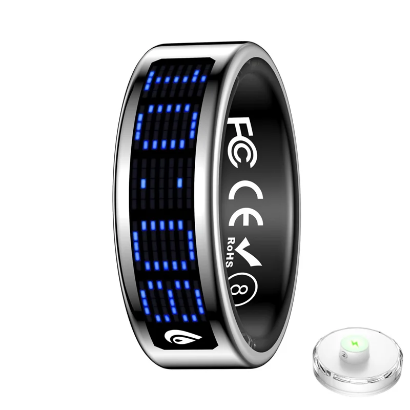 SR16 Digital Display Smart Ring Sleep Tracking Blood Oxygen Heart Rate Monitor Prayer Counter with Charging Case - Silver / Size 8