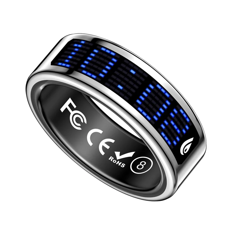 SR16 Digital Display Smart Ring Sleep Tracking Blood Oxygen Heart Rate Monitor Prayer Counter with Charging Case - Silver / Size 8