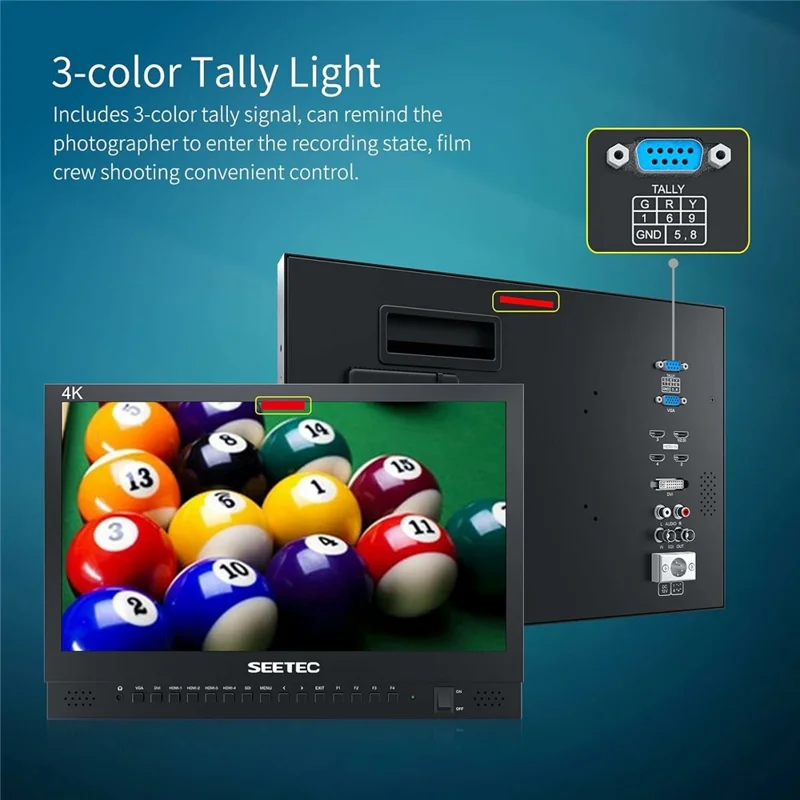 SEETEC 156-9HSD 15,6 tommer 4K IPS-skærm Quad Multiviewer-monitor 170° betragtningsvinkel HD-videovisning 3 farvetallylamper - US-stik