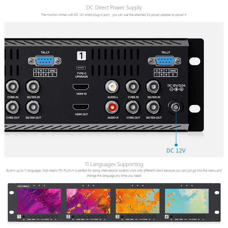 FEELWORLD Q41 4,5 tommer 2HE rackmonteret broadcast-display 3G-SDI / 4K HD / AV firkantskærm broadcast multi-viewer - US-stik