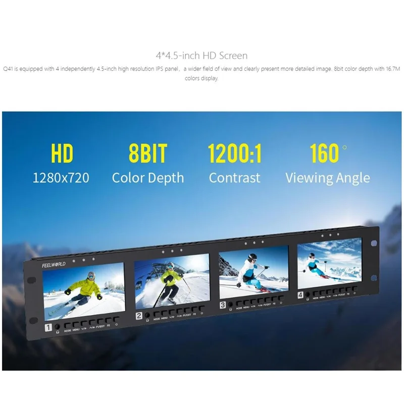 FEELWORLD Q41 4,5 tommer 2HE rackmonteret broadcast-display 3G-SDI / 4K HD / AV firkantskærm broadcast multi-viewer - US-stik