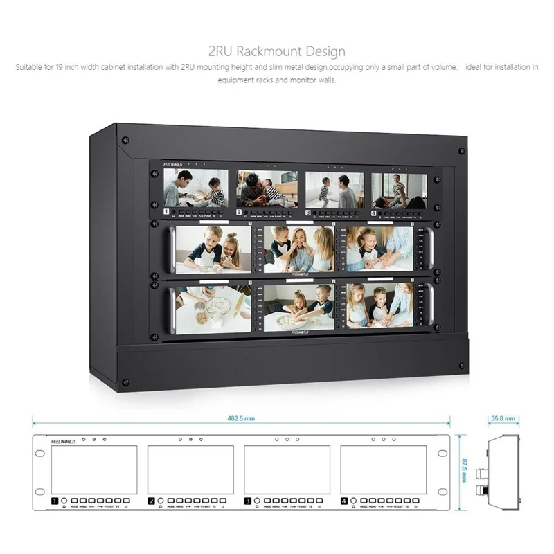 FEELWORLD Q41 4,5 tommer 2HE rackmonteret broadcast-display 3G-SDI / 4K HD / AV firkantskærm broadcast multi-viewer - US-stik