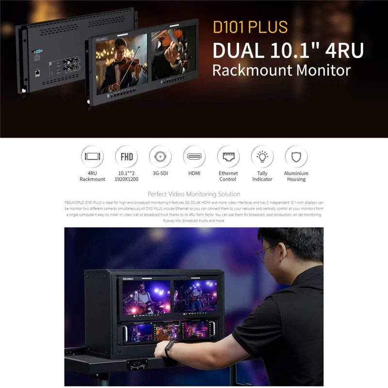 FEELWORLD D101 PLUS Doble 10.1 Pulgadas 4RU Montaje en Rack Monitor 4K HD SDI 1920x1200 Pantalla IPS Visualización Profesional - Enchufe EE.UU.