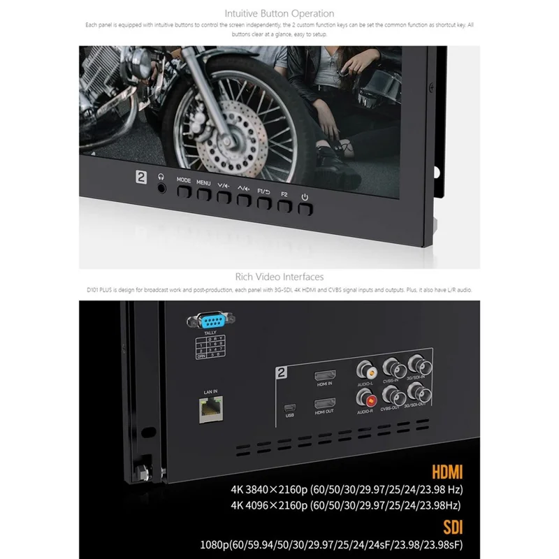 FEELWORLD D101 PLUS Doble 10.1 Pulgadas 4RU Montaje en Rack Monitor 4K HD SDI 1920x1200 Pantalla IPS Visualización Profesional - Enchufe EE.UU.