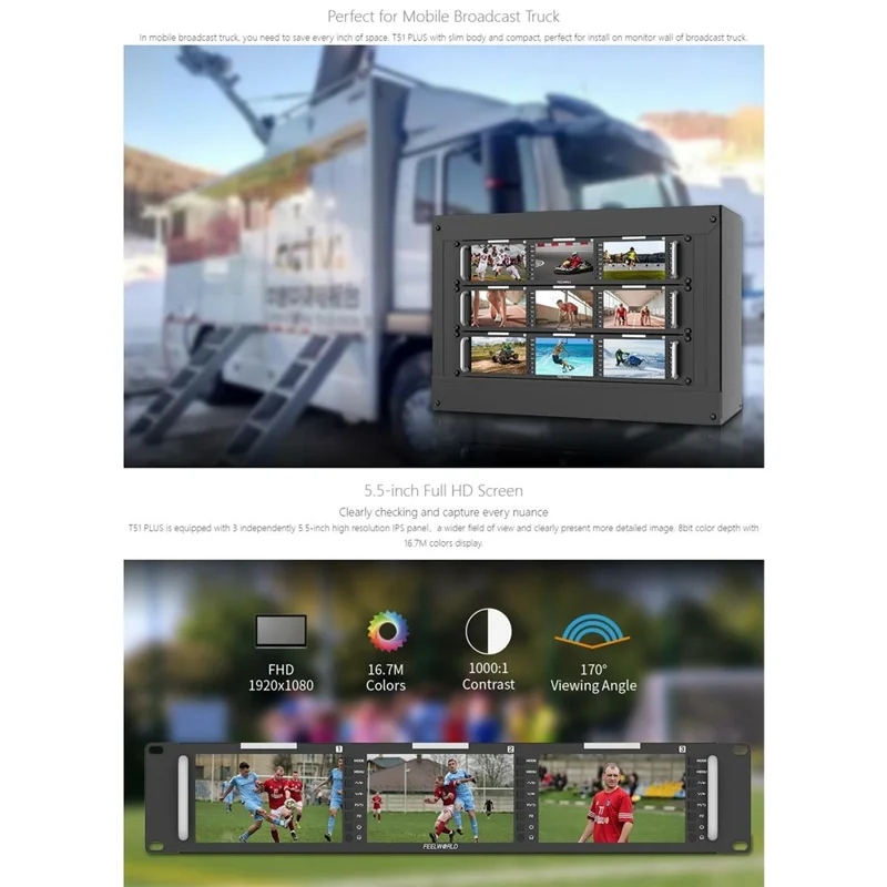 FEELWORLD T51 PLUS Trzy 5,5-calowe ekrany IPS, SDI / 4K HD / AV, 2RU, monitor wideo montowany w racku – wtyk amerykański