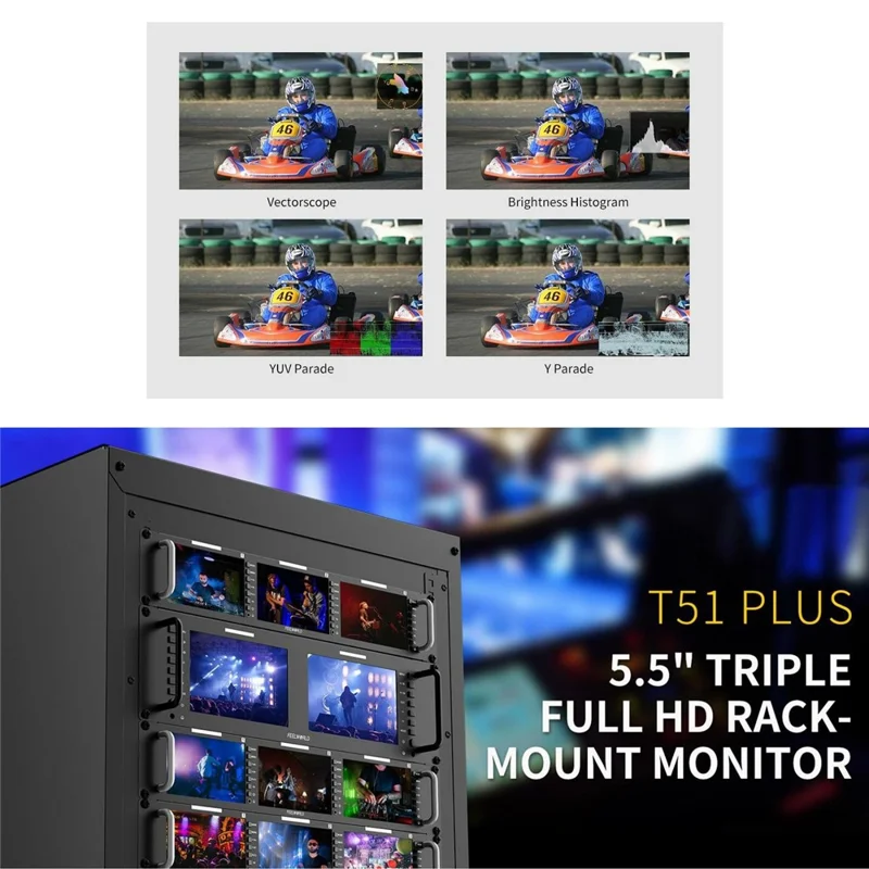 FEELWORLD T51 PLUS Trzy 5,5-calowe ekrany IPS, SDI / 4K HD / AV, 2RU, monitor wideo montowany w racku – wtyk amerykański