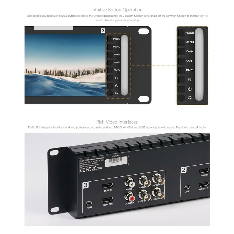 FEELWORLD T51 PLUS Trzy 5,5-calowe ekrany IPS, SDI / 4K HD / AV, 2RU, monitor wideo montowany w racku – wtyk amerykański