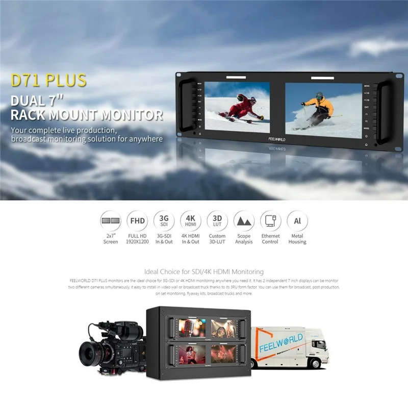 FEELWORLD D71 PLUS Podwójny 7-calowy monitor IPS 3RU montowany w racku 4K HD SDI 1920x1200 do transmisji wideo - wtyk amerykański