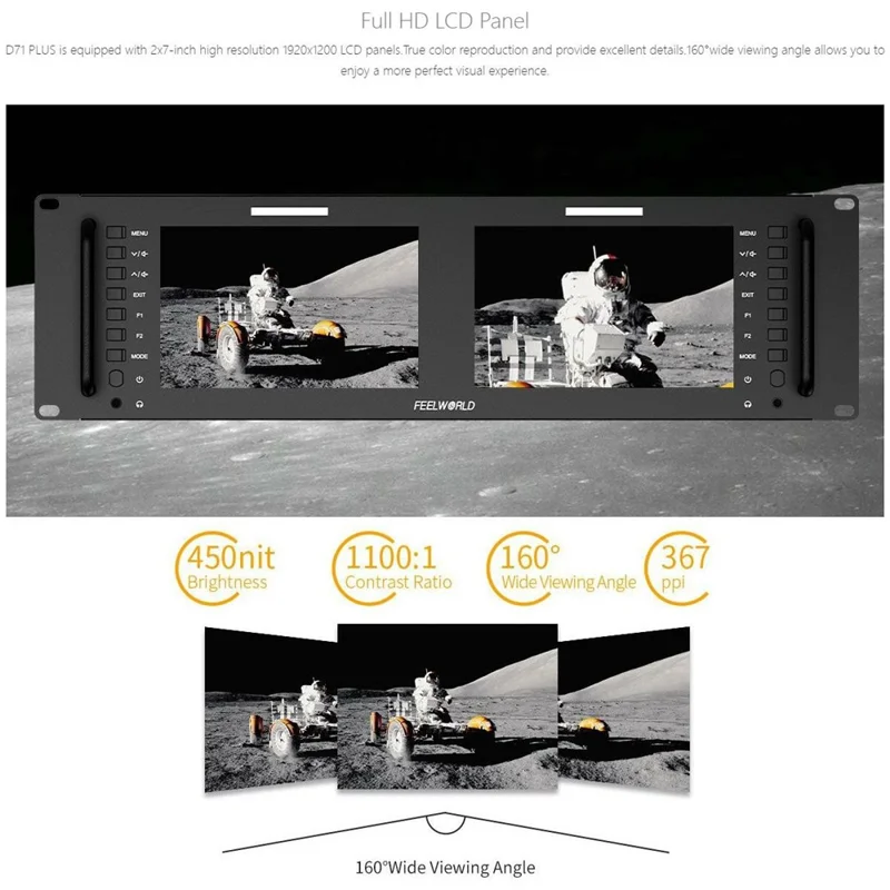 FEELWORLD D71 PLUS Podwójny 7-calowy monitor IPS 3RU montowany w racku 4K HD SDI 1920x1200 do transmisji wideo - wtyk amerykański