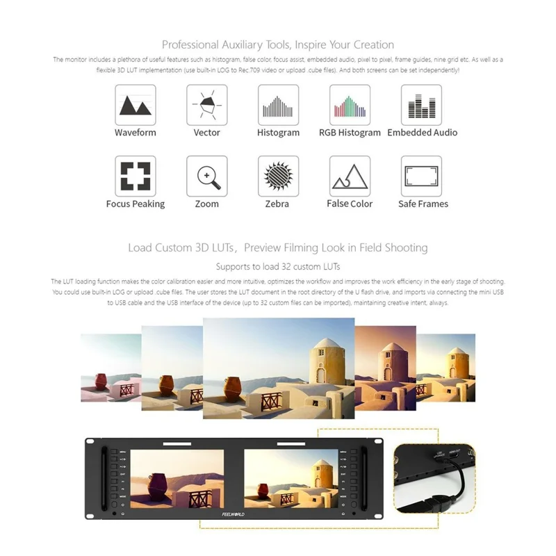 FEELWORLD D71 PLUS Podwójny 7-calowy monitor IPS 3RU montowany w racku 4K HD SDI 1920x1200 do transmisji wideo - wtyk amerykański