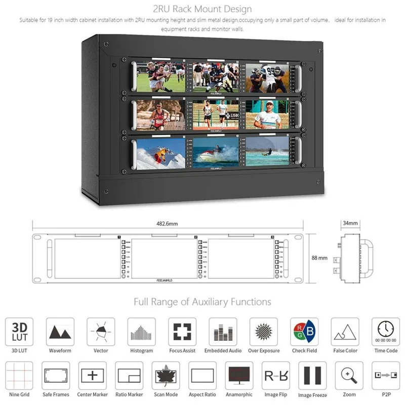 FEELWORLD T51 PLUS-H 2RU Rack Mount Triple 5,5 cala IPS Ekran FHD 4K HD AV Monitor Wideo - Wtyczka US