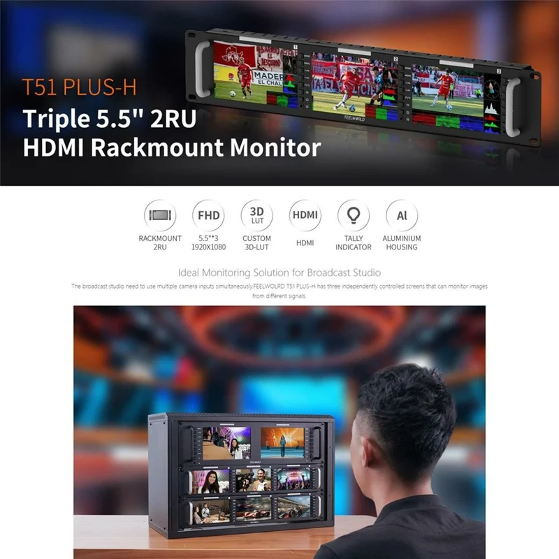 FEELWORLD T51 PLUS-H 2RU Rack Mount Triple 5,5 cala IPS Ekran FHD 4K HD AV Monitor Wideo - Wtyczka US
