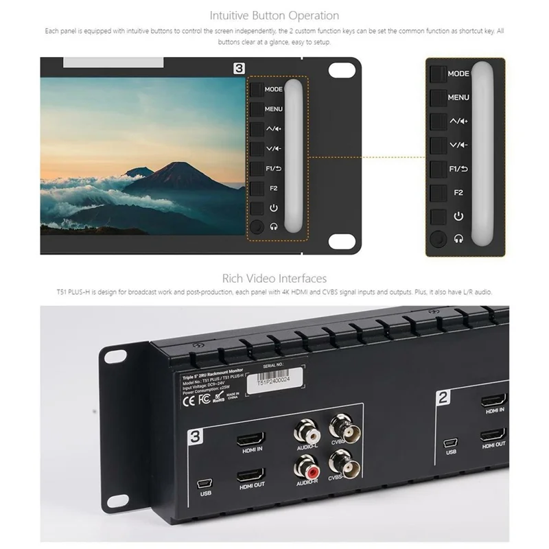 FEELWORLD T51 PLUS-H 2RU Rack Mount Triple 5,5 cala IPS Ekran FHD 4K HD AV Monitor Wideo - Wtyczka US
