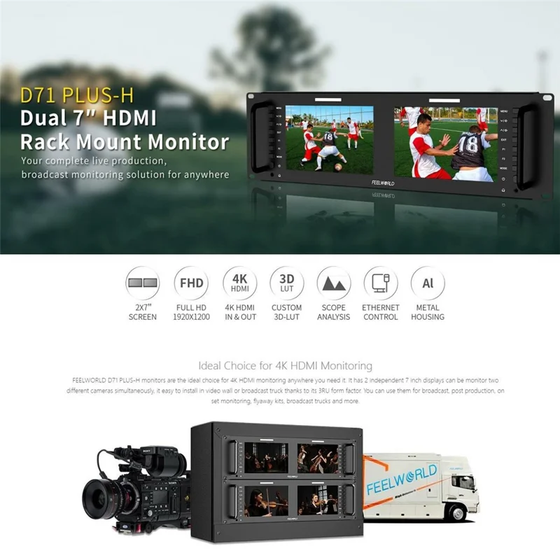 شاشة FEELWORLD D71 PLUS-H المزدوجة بحجم 7 بوصة ودقة 1920x1200 مع شاشة IPS وتركيب بحجم 3RU، ومراقبة 4K HD / الموجة / المقياس المتجه - قابس أمريكي